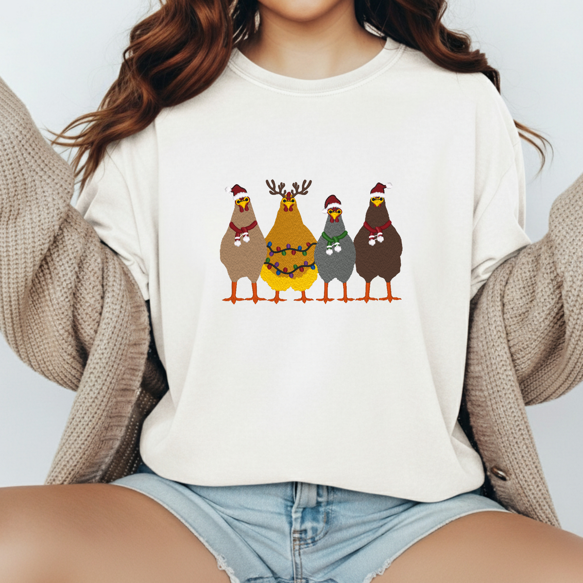 Christmas Chickens-Embroidered Shirt