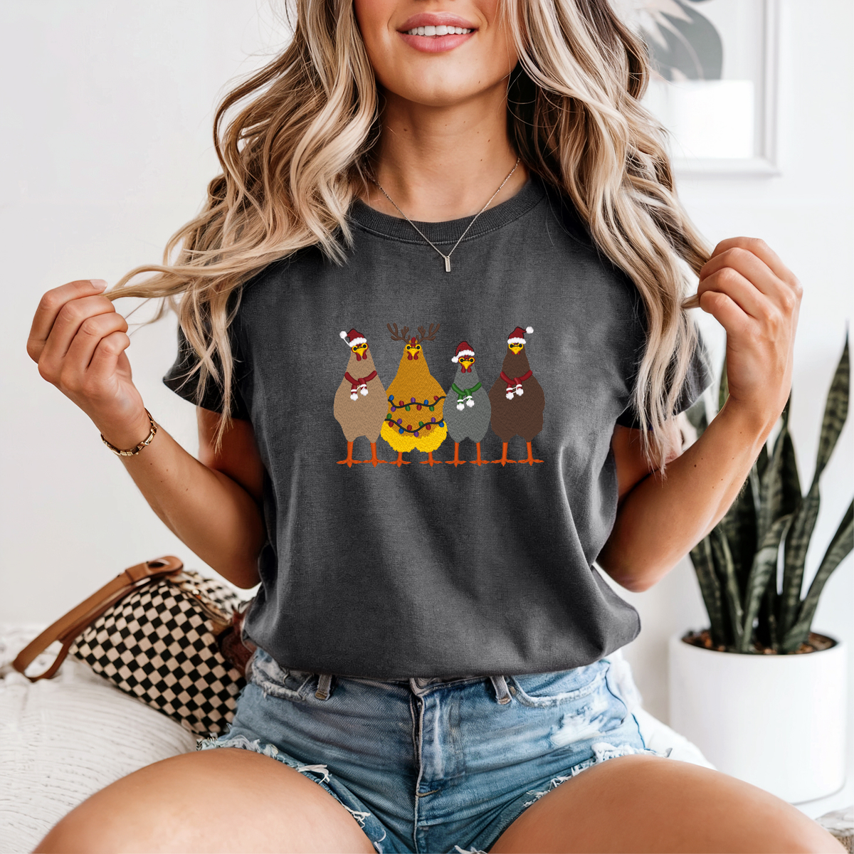 Christmas Chickens-Embroidered Shirt
