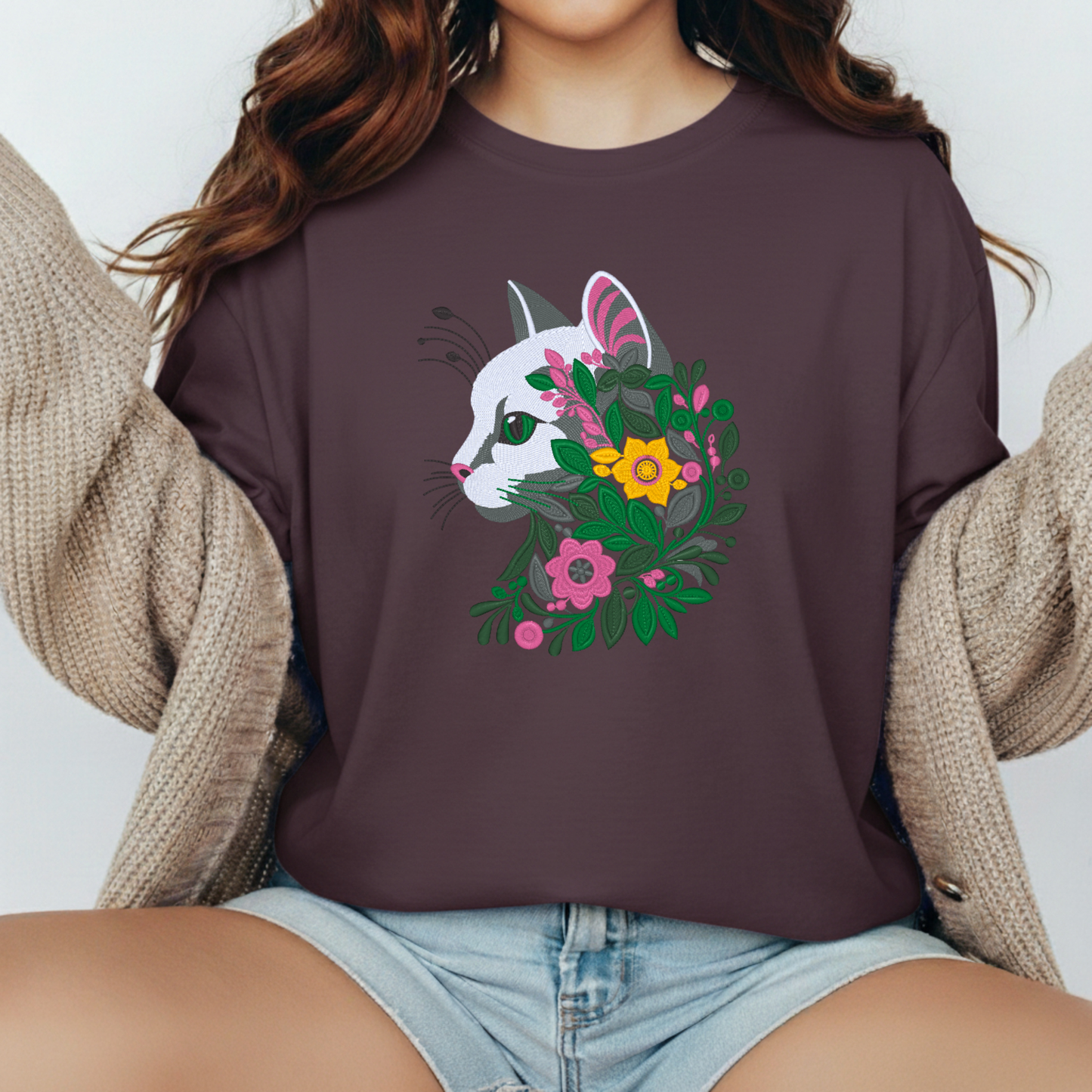 Cat Swirl-Embroidered Shirt