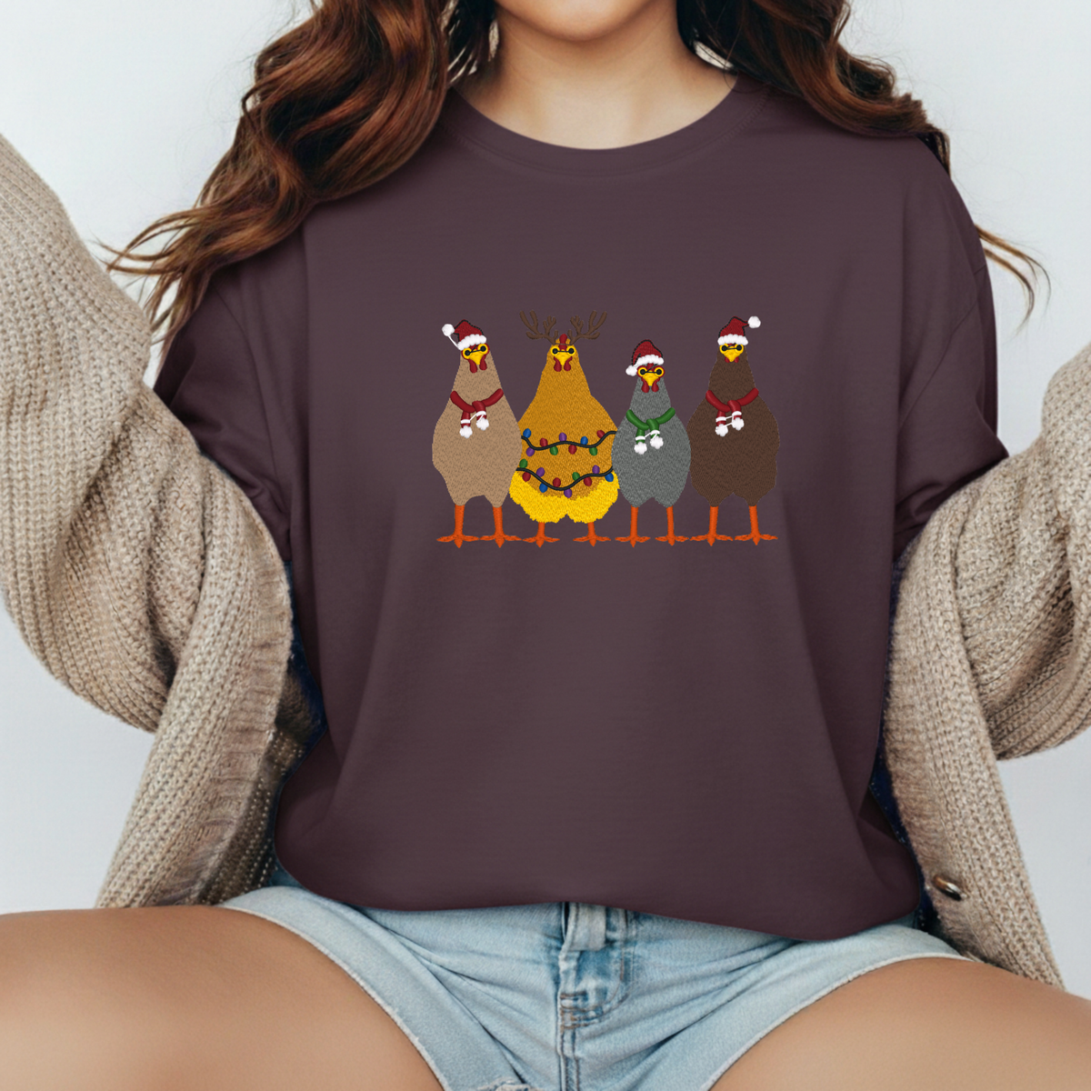 Christmas Chickens-Embroidered Shirt