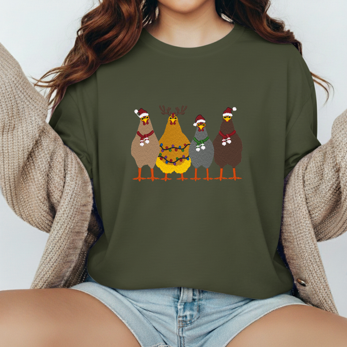 Christmas Chickens-Embroidered Shirt